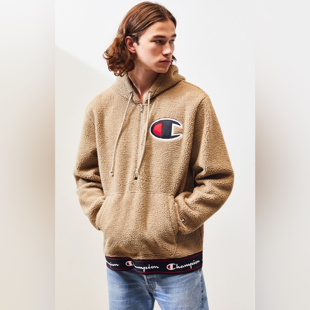 Champion Big C Sherpa Beige kangaroo pockets half zip up Hoodie